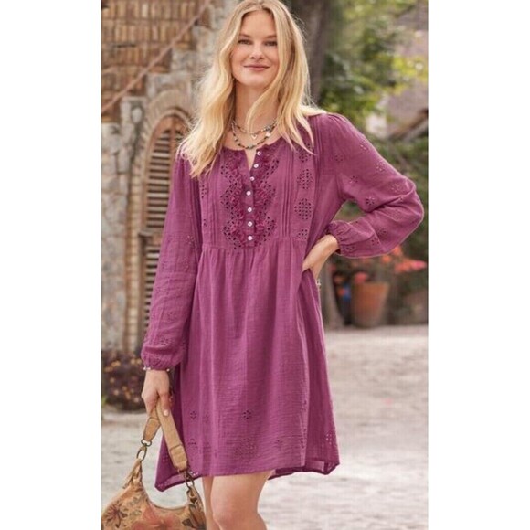 Sundance Chantae Eyelet Dress Pintuck Long Sleeve Buttons Womens XS Pink NWT - Picture 2 of 11